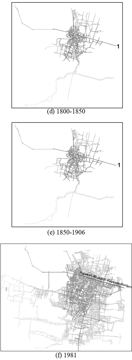 Gambar 2. Peran dan kedudukan jalan Kembang Jepun (1) dalam konteks kota secara menyeluruh sejak tahun 1829 