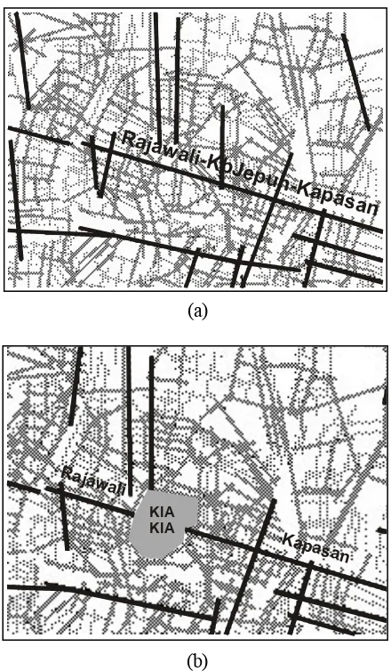 Gambar 7. Peta integrasi lokal jalan Kembang Jepun dan jalan di sekitarnya: (a) kondisi di siang hari; (b) kondisi di malam hari  