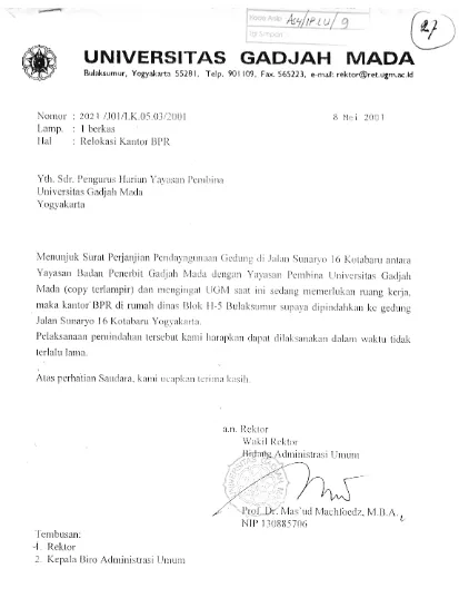 Gambar 4 Surat Perihal Relokasi Kantor BPR Duta Gama