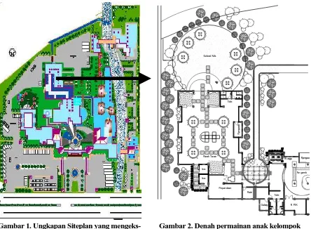 Gambar 1. Ungkapan Siteplan yang mengeks-           Gambar 2. Denah permainan anak kelompok presikan gubahan masa radial, pemanfaatan  open space untuk kolam dan pengaturan  lansekap yang alami 