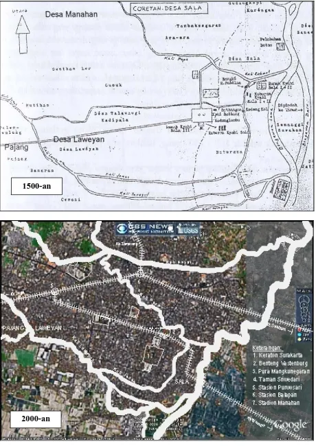 Gambar 9. Perkembangan Struktur Kota Solo Tahun 1500-2000: Peta Desa Sala Tahun 1500-an sebagaiEmbrio Kota Solo (atas) dan Peta Struktur Kota Solo Tahun 2006 Dilihat dari Foto Satelit NASA (bawah)  