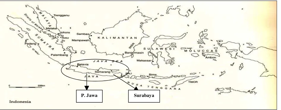 Gambar 1. Peta Indonesia dan letak kota Surabaya. Surabaya kini (th.2000) mempunyai luasan: 321,105     km2, dimana 43,7% merupakan kawasan terbangun