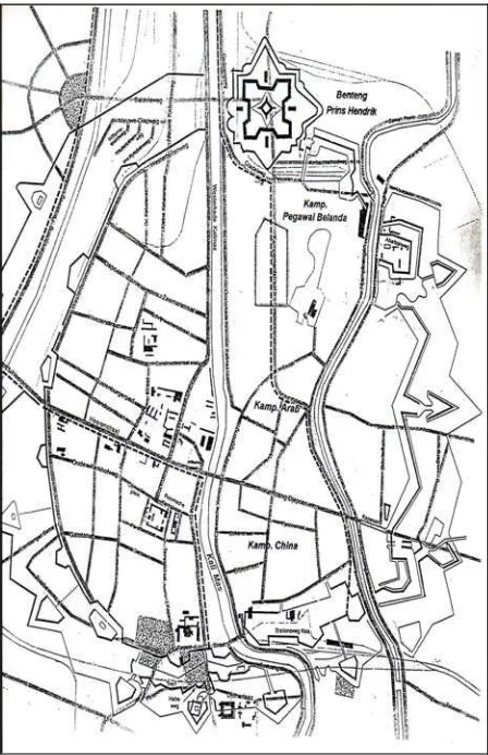 Gambar 4. Peta kota Surabaya yang dipagari dengan benteng pada pertengahan abad ke 19 sebagai usaha Belanda untuk menahan penyer-buan atas pasukan angkatan laut Inggris