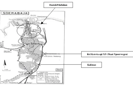 Gambar 5. Hubungan antara Kalimas, jaringan jalan kereta api serta pelabuhan Tanjung Perak, yang membentuk kota Surabaya sampai th