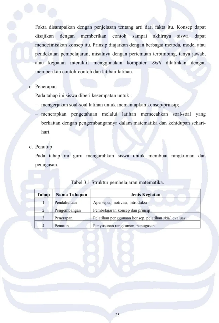 Tabel 3.1 Struktur pembelajaran matematika. 