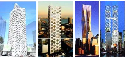 Figure 1. (from left to right) O-14 commercial tower in Dubai, COR building in Miami, Proposed WTC designs; twin towers with triangulated structures by Foster and partners and an ephemeral design of twin steel frames by THINK