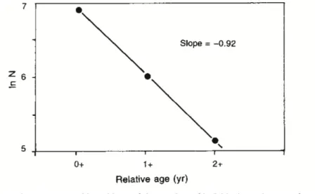 Gambar 2.10 Catch curve, menunjukkan algoritme alami dari jumlah spesies berbanding  dengan pertambahan usia (Sumber: Suradi W, 2007)