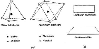 Gambar 1.(a) Lembaran-lembaran silika tetrahedral dan alumunium oktahedra, (b) Skema lembaran  alumunium oktahedra dan silika tetrahedral  