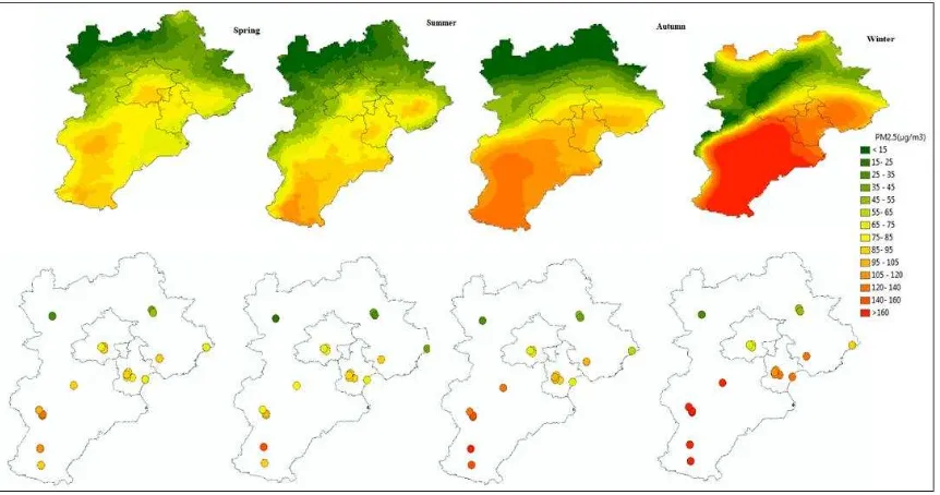 Figure 2. Spatial and temporal (seasonal) variation of PM2.5 derived from GWR (upper) and comparison with ground observation (lower) 