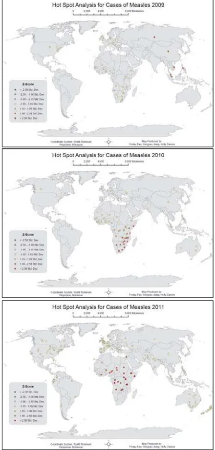 Table 2. Spatial autocorrelation analysis (Moran’s I) results for diseases; according to the table above, only measles shows a significant clustering pattern based on Z-score 