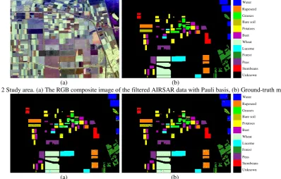Figure 2 Study area. (a) The RGB composite image of the filtered AIRSAR data with Pauli basis, (b) Ground-truth map 