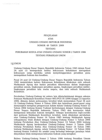 PENJELASAN ATAS UNDANG-UNDANG REPUBLIK INDONESIA NOMOR 49 TAHUN 2009 ...