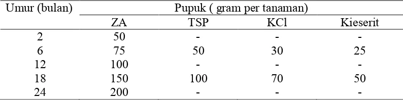 Tabel 2. Dosis pemupukan tanaman belum menghasilkan (TBM) atau tanaman     muda  