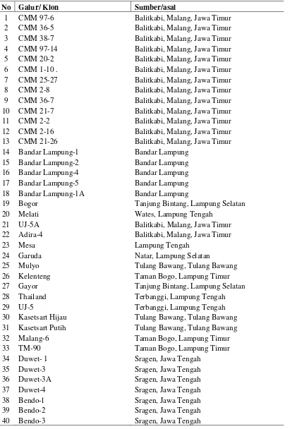 Tabel 2. Klon ubikayu yang dikoleksi Universitas Lampung dan sumber/asal                 tempat diperolehnya klon ubikayu