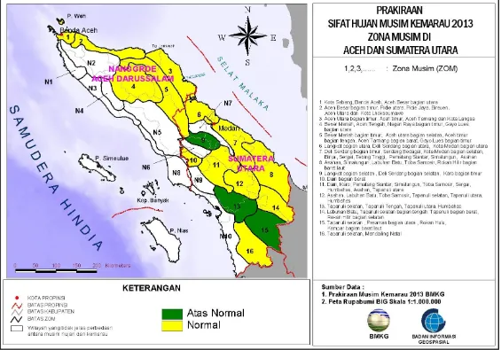 Gambar 2. Prakiraan sifat hujan musim kemarau 2013 zona musim di Aceh dan Sumatera Utara 