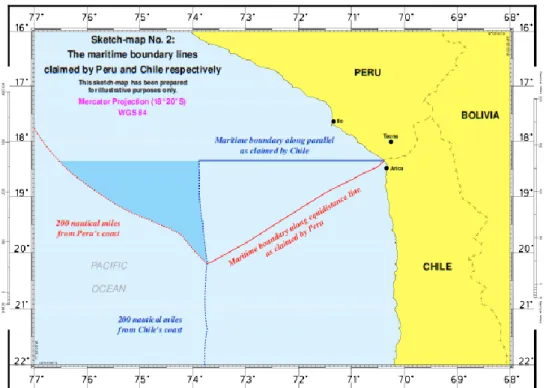 Gambar 1. Peta Sengketa Batas Maritim yang diklaim antara Peru dengan Chile