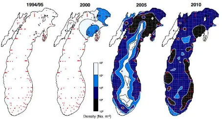 Figure 1: Mean density distribution of quagga mussels in Lake Michigan from 1994/1995 to 2010