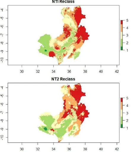 Figure 3. Reclassified suitability categories derived from NT1 and NT2 maps. Class 1 is most suitable since it is wholly or partly within the reference trial sites while class 5 is most unsuitable