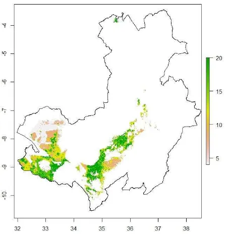 Figure 6. Map on most important covariate (MIC). The suitability of the candidate technology package in 43% and 28% of the projection domain was limited by annual precipitation and precipitation seasonality respectively