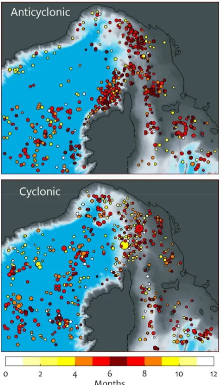 Figure 12. Spatial distribution of mesoscale eddy manifestations found in the fields of SST in 2014-2016 in the Liguro-Provençal Basin 