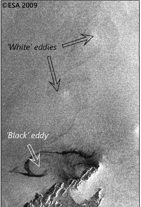 Figure 14. A chain of two ‘white’ eddies and one ‘black’ eddy observed to the north from the island Mallorca 