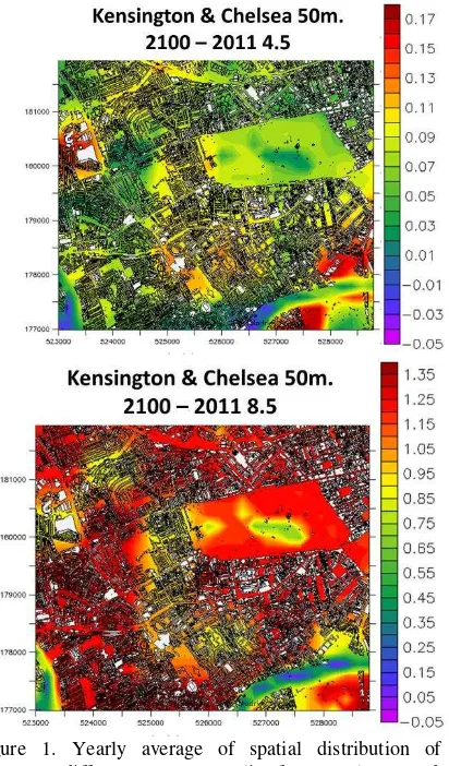 Figure 1. Yearly average of spatial distribution of the differences (%) mortality for natural causes due to air pollution and temperature for 2100 respect to 2011 following RCP 4.5 (top) and RCP 8.5 (bottom) scenarios with WRF-Chem-MICROSYS over Kensington