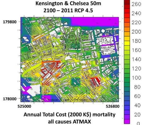 Figure 3. : Spatial distribution of the differences in annual total cost (2000 K$) mortality   for 2100 respect to 2011 following RCP 4.5 scenarios with 50 m