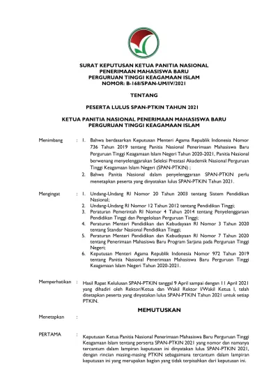 SURAT KEPUTUSAN KETUA PANITIA NASIONAL PENERIMAAN MAHASISWA BARU ...