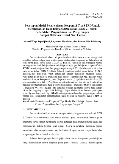 Penerapan Model Pembelajaran Kooperatif Tipe STAD Untuk Meningkatkan ...