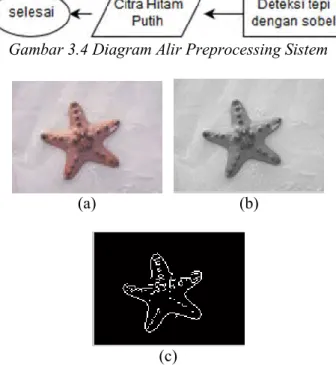 Gambar 3.5 Gambar Preprocesiing (a) Citra RGB (b) Citra yang  diubah menjadi grayscale (c) citra yang telah dideteksi tepi 