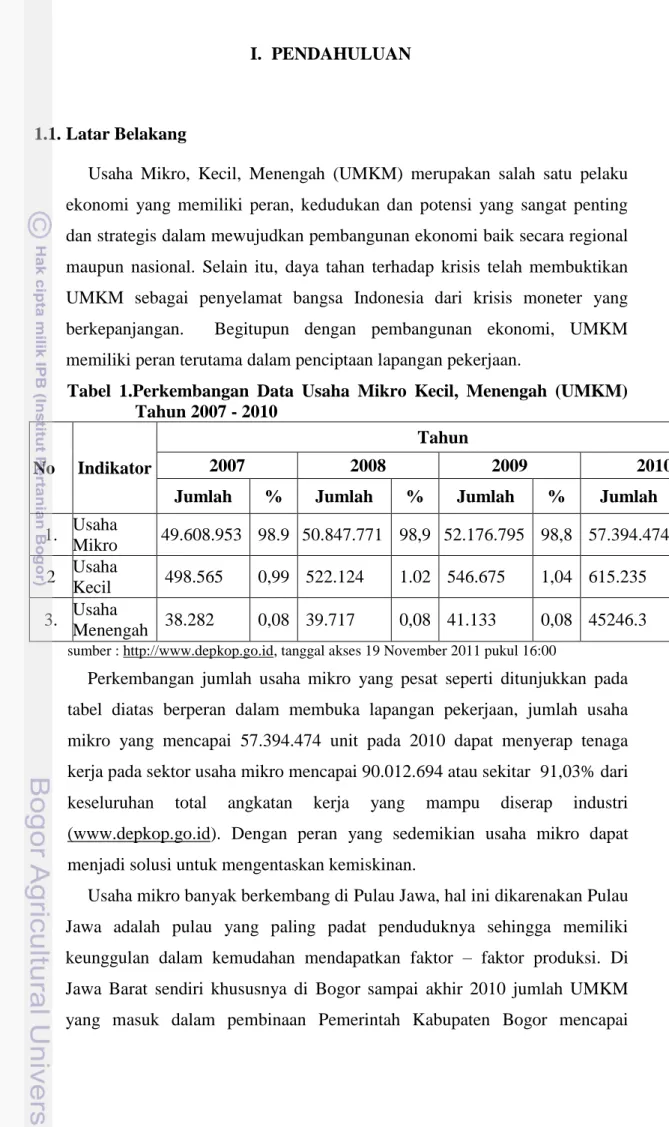 Tabel  1.Perkembangan  Data  Usaha  Mikro  Kecil,  Menengah  (UMKM)  Tahun 2007 - 2010  