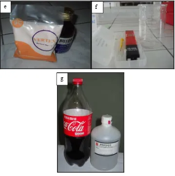 Gambar 6.  Alat dan bahan penelitian                  Mikromotor (Marathon, Korea) (a), Light cure (Coxo, china) (b), pumice  dan bur brush (c), balok kaca dan cetakan spuit (d), resin akrilik self cure (Vertex, Holland) dan liquid (Hillon, England (e), pH meter Hanna 96107 dan beaker glass (f), minuman berkabonasi (coca cola) dan aquadest (Brataco Chemika, Medan) (g)  