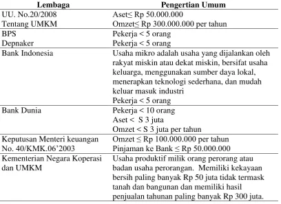 Tabel 4. Ragam pengertian umum usaha mikro 
