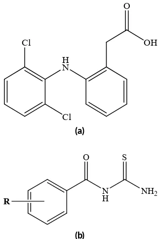 FIGURE 2 The chemical structure of diclofenac (a) and N-benzoylthiourea deriva�ves (b).