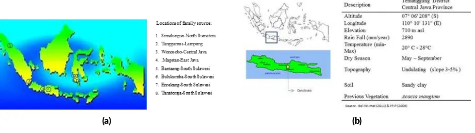 FIGURE 1 Approximate geographical loca�ons of sampled family source of surian (a) and progeny test area (b).