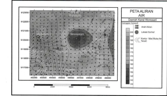 Gambar  5. Kompilasi  kcdalaman  sumur  dengan  topografi  untuk mengetahui  pola  aliran airtanah