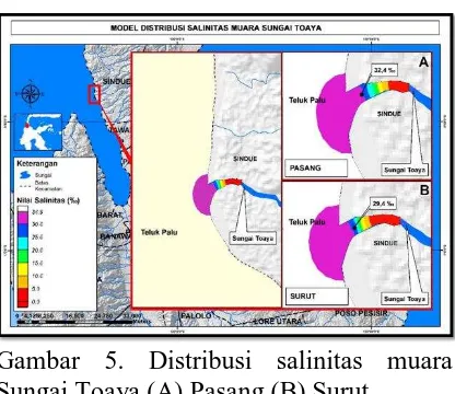 Gambar 6. Distribusi salinitas muara Sungai Palu (A) Pasang (B) Surut  
