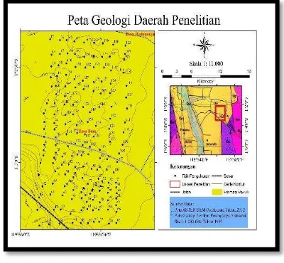 Gambar 1 Peta geologi lokasi penelitian ditunjukkan dengan titik berwarna hitam dengan warna kuning yang artinya formasi pakuli (Geologi lembar Pasangkayu, 1993)