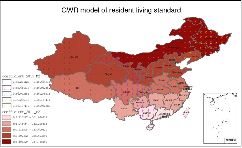 Figure 3. The regional difference map of resident living standard inﬂuencing factor in GWR model