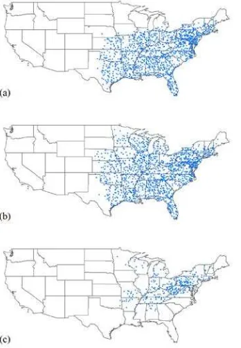 Figure 1. The maps illustrate the start locations of the survey routes (2014) for (a) Carolina wren, (b) Red-bellied woodpecker, and (c) Cerulean warbler