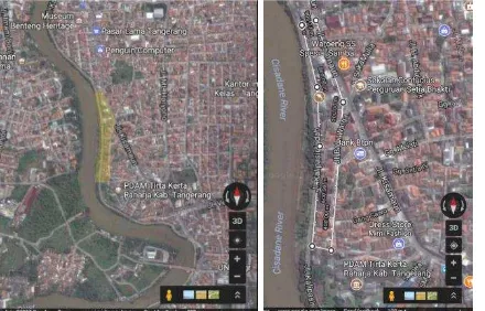 Gambar 1: (kiri) Alternatif  tapak II terhadap Kawasan Pasar Lama; (kanan) Ukuran alternatif tapak II (google.maps.com, 2017) 
