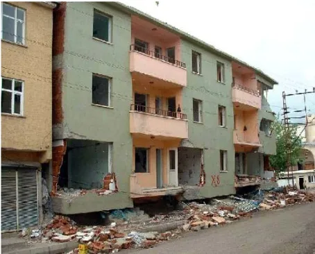 Gambar berikut menunjukkan keruntuhan soft-storey akibat gempa di Turki tahun 2003 dari sebuah bangunan beton dengan dinding pengisi