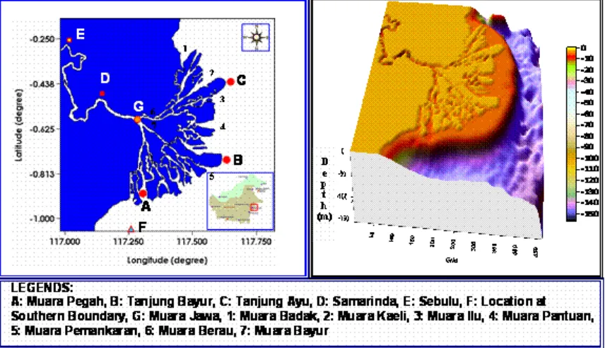 Figure 1. Computational domain and bathymetry of Mahakam Estuary  (Source: Dishidros TNI AL, 2003) 