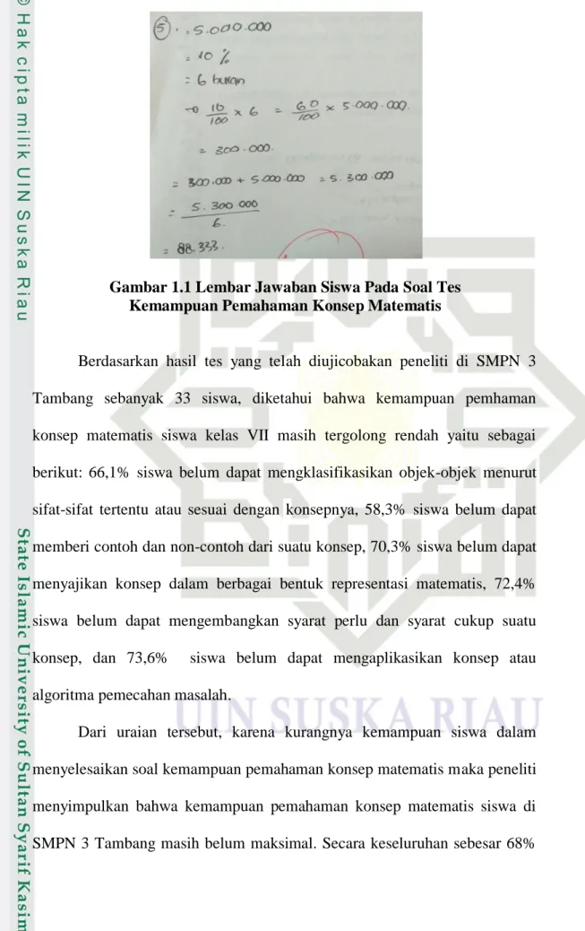 Gambar 1.1 Lembar Jawaban Siswa Pada Soal Tes  Kemampuan Pemahaman Konsep Matematis 