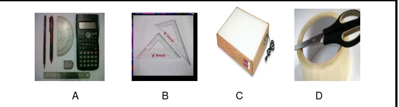 Gambar 13. Alat yang digunakan. (A)  Tracing box, (B) Rol segitiga, (C) 