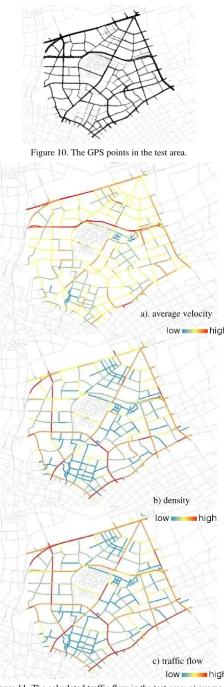 Figure 11. The calculated traffic flow in the test area: a) average velocity b) traffic density c) traffic flow (best viewed in colour) 