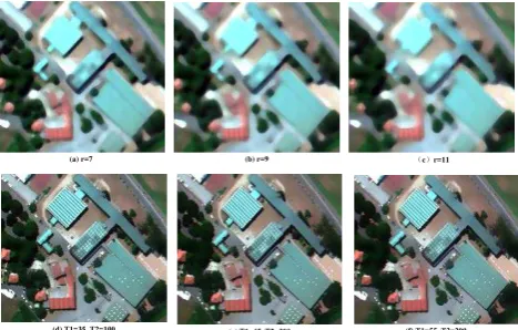 Figure 3. Filtering Result Comparison between MF and AMMF using a VHR sample image. (a) is a VHR image with 1.0-meter resolution and R-G-B three bands; b,c,d are the results process by MF with different window size; e, f and g are the results processed by 