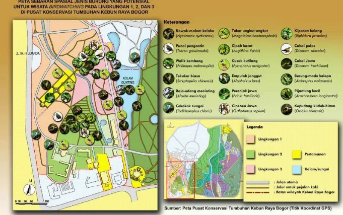 Gambar 4.3 Peta sebaran spasial jenis burung yang potensial untuk wisata birdwatching pada lingkungan 1, 2, dan 3  di Pusat Konservasi  