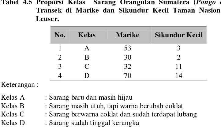 Tabel 4.5 Proporsi Kelas  Sarang Orangutan Sumatera (Pongo abelii) dari Transek di Marike dan Sikundur Kecil Taman Nasional Gunung  Leuser