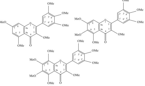 Gambar 2.2 . Struktur kimia senyawa flavonoid diisolasi dari Murraya paniculata  L., 3,3’,4’,5,5’,7–heksametoksiflavon (a), 3,3’,4’,5,5’,6,7-heptametoksiflavon (b),  dan 3,3’,4’,5,5’,6,7,8-oktametoksiflavon (c)